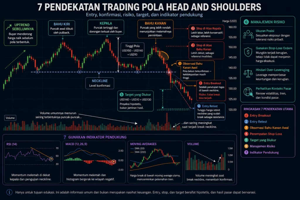 Infografik panduan 7 pendekatan trading pola Head and Shoulders dengan garis neck, langkah entry, target, dan manajemen risiko.