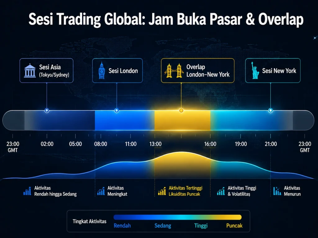 Infografis menampilkan sesi trading Asia, London, dan New York, termasuk overlap London–New York dan periode aktivitas pasar yang lebih tinggi