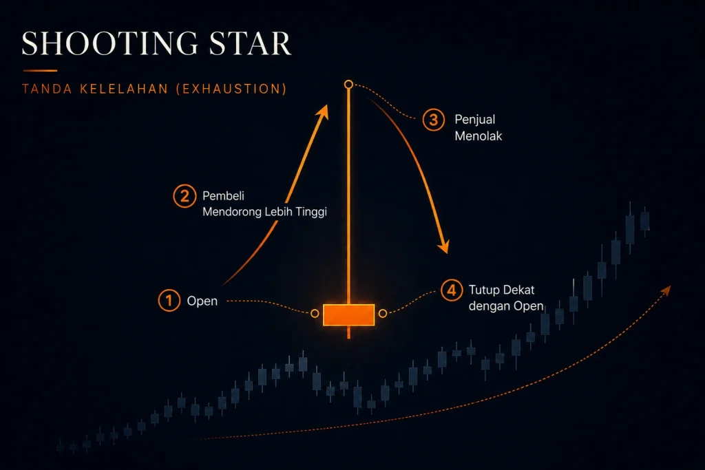 Diagram candlestick Shooting star berlabel harga open, pergerakan naik pembeli, penolakan oleh penjual, dan harga close yang mendekati harga open