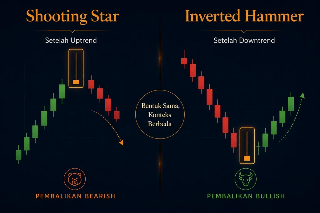 Perbandingan candlestick Shooting star dan inverted hammer yang menunjukkan bentuk yang sama dalam konteks tren yang berbeda