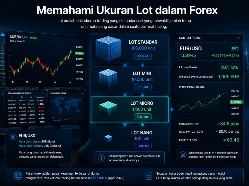 Infografik berbahasa Indonesia menjelaskan ukuran lot forex: Standard 100.000, Mini 10.000, Micro 1.000, Nano 100 unit, dengan contoh posisi EUR/USD dan grafik perdagangan di sampingnya.