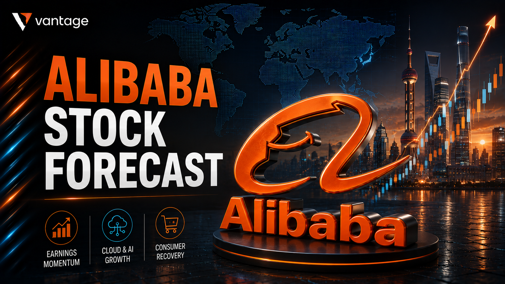 Alibaba BABA stock forecast graphic with cloud computing and market chart